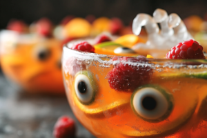 Ponche de Halloween com Frutas Tropicais e Olhos de Gelatina