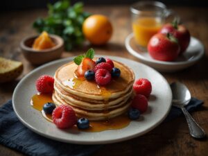 Receita Panqueca Americana Fofa com Mel e Frutas Frescas