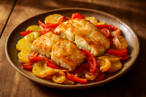 Peixe a Portuguesa com Merluza e Legumes Coloridos